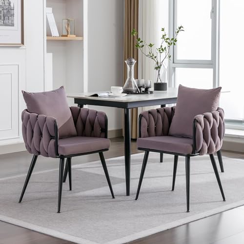 Velvet Dining Chairs Set of 2, Woven Modern Upholstered Kitchen Chairs, Luxury Leisure Desk Chairs with Pillow Metal Legs Makeup Accent Side Chair for Vanity Living Dining Room (Blue, Set of 2)