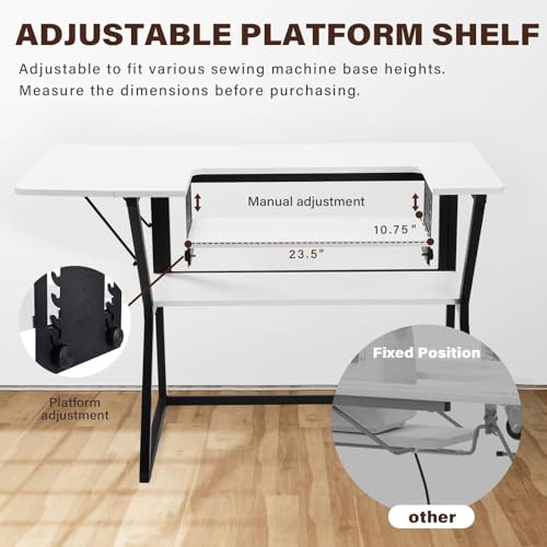 Sewing Table, Large Sewing Machine Table with Adjustable Platform,Sewing Tables for Sewing Machines with Storage Shelf-White