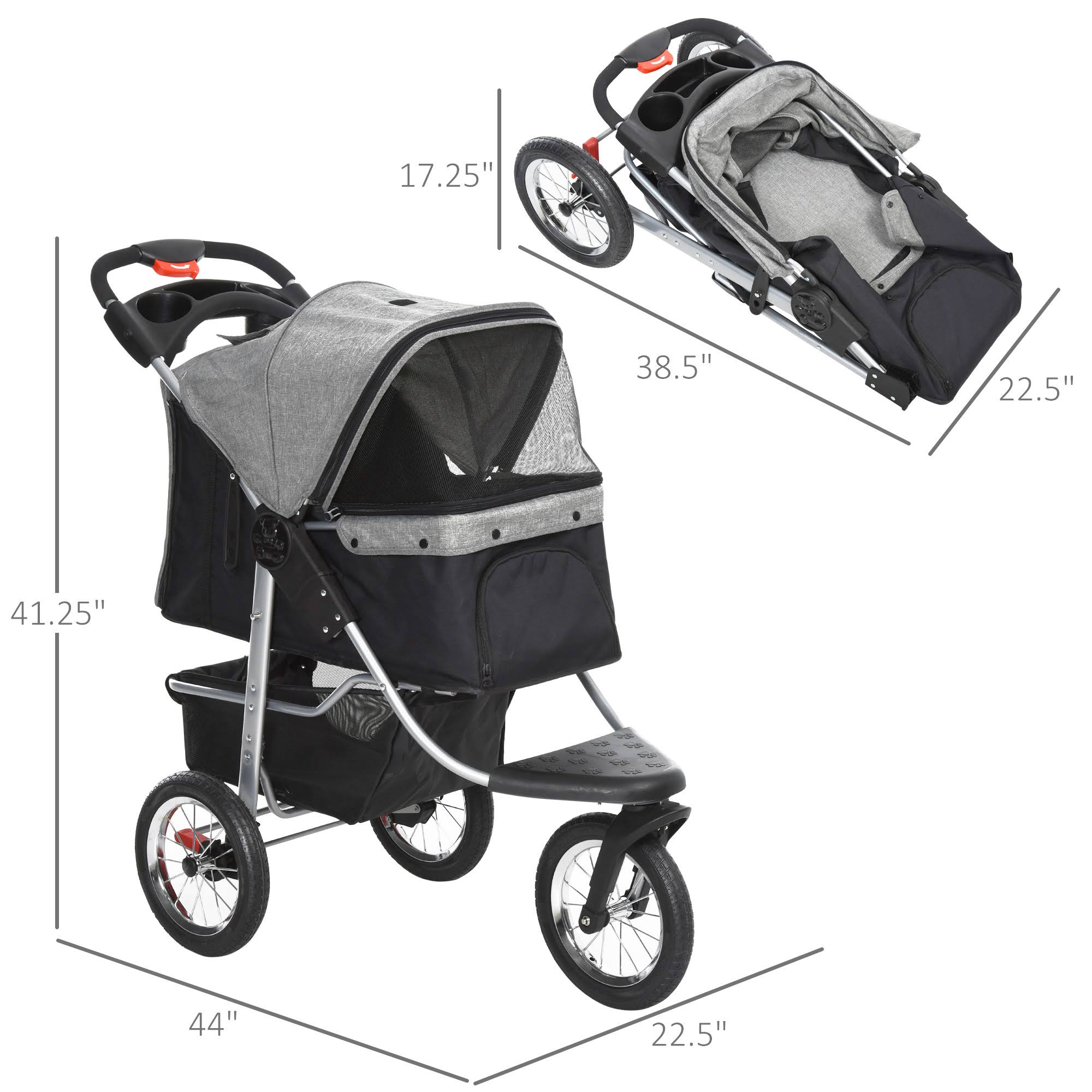 PawHut Luxury Folding Pet Stroller Dog/Cat Travel Carriage with Adjustable Canopy u0026 A Zippered Mesh Window Door - Grey