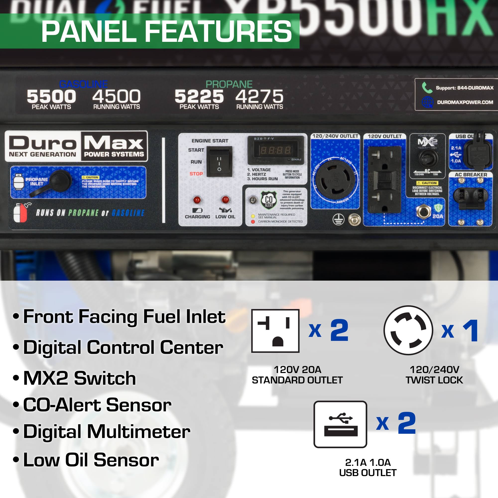 DuroMax 5,500/4,500-Watt Dual Fuel Gasoline/Propane Portable Generator with Co Alert, XP5500HX