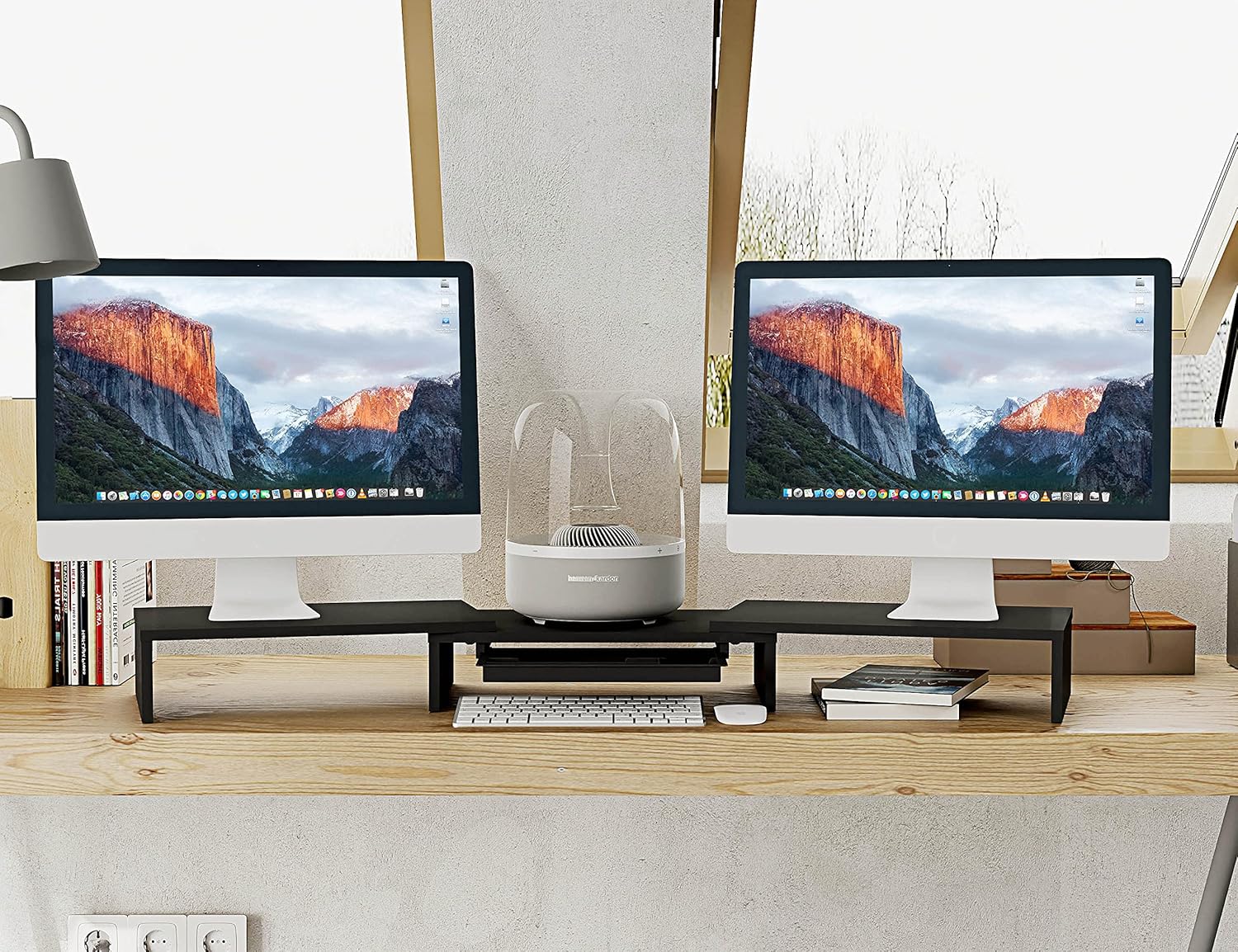 FITUEYES Dual Monitor Stand &ndash; 3 Shelf Computer Monitor Riser, Wood Desktop Stand with Adjustable Length and Angle, Desk Accessories, Office Supplies Medium Black, with Storage Drawer