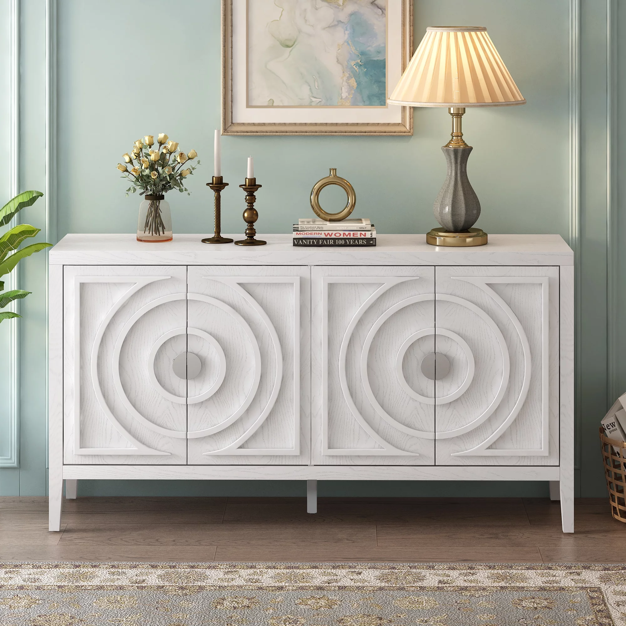 Accent Cabinet with 4 Doors, Wooden Buffet Sideboard with Adjustable Shelves, Modern Console Table, Storage Accent Cabinet for Kitchen Living Room Entryway Hallway, 60"L x 15.9"W x 32.1"H, White
