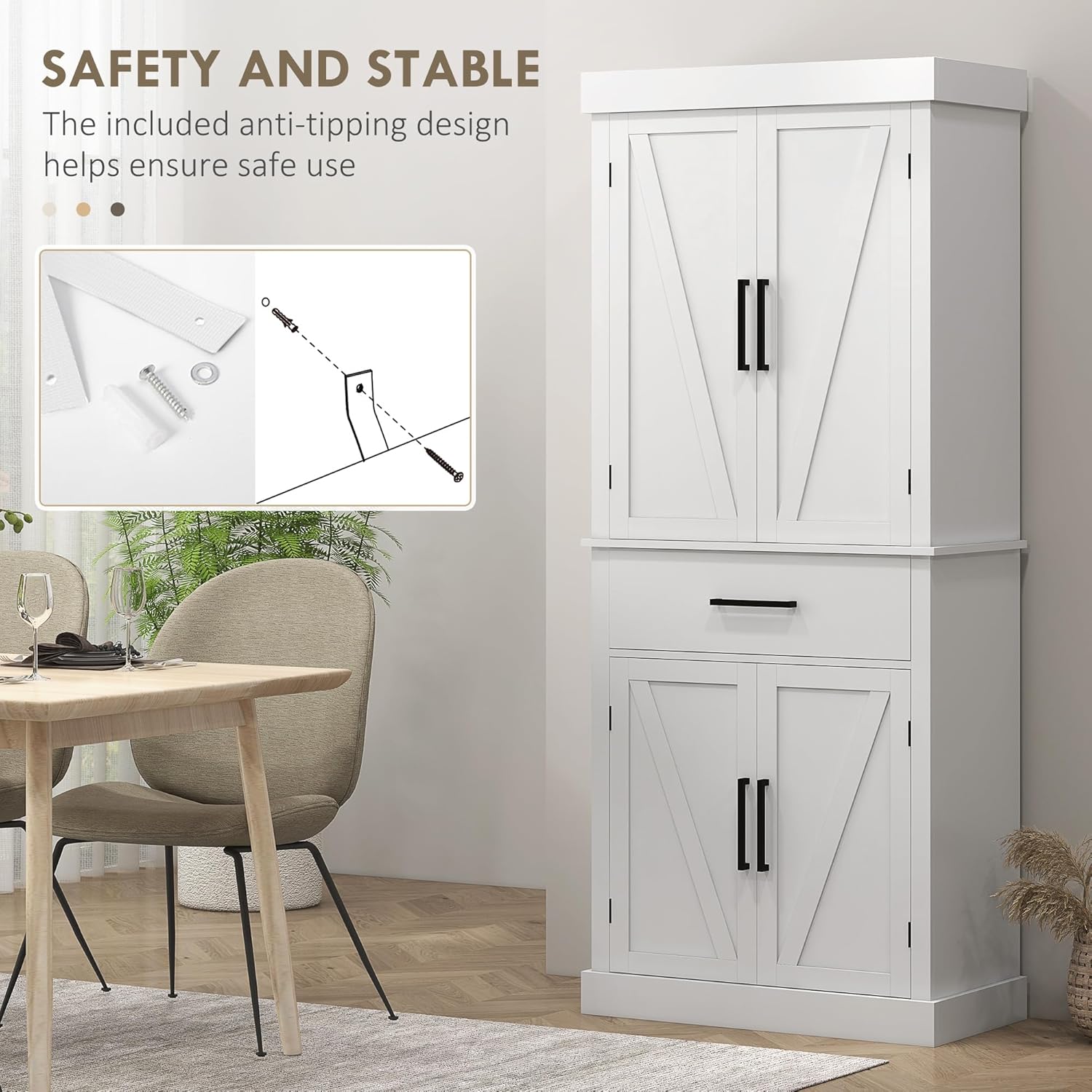 HOMCOM 72" Tall Kitchen Pantry Storage Cabinet, Farmhouse Freestanding Kitchen Cabinet with 4 Barn Doors, Drawer, 5-Tier Shelf and Adjustable Shelves, White