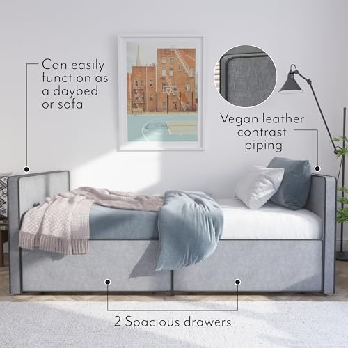 DG Casa Caden Twin Size Platform Bed Frame with 2 Storage Drawers Underneath - Upholstered in Gray Fabric - Ideal as Sofa Bed or Twin Daybed, Box Spring Not Required