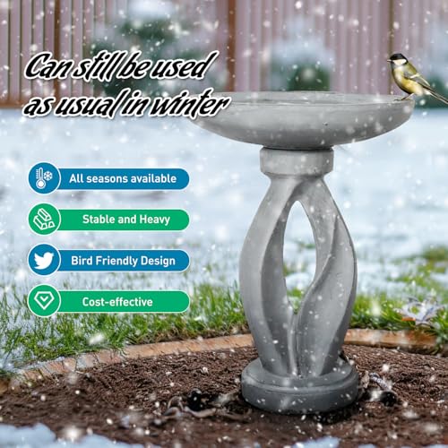 SunJet 25.5 Inch Heigh Wood-Look Concrete Bird Bath with Decorative Faux Bird – birdbath Rustic & Long-Lasting Design, Enhances Garden, Patio, Yard, Lawn Décor