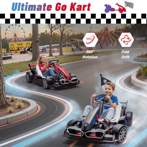 24V 9AH Electric Go Kart with Adjustable Seat, 7.5 MPH Drift Kart for Kids Age 6-12, 2 * 200W Motors, Drift Mode and 2 Speed, Licensed BMW (Grey)