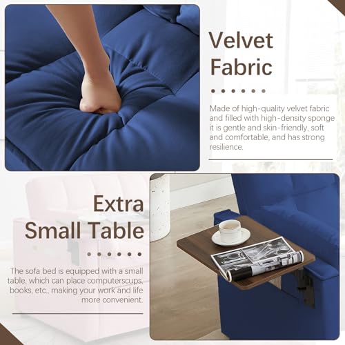 3 in 1 Sleeper Sofa Bed,47" Velvet Futon Tufted Pull Out Couch Bed,2 Seater Loveseat Chaise Lounge with Reclining Adjustable Backrest&Table for Living Room,Apartment,Office,Small Space(Beige)