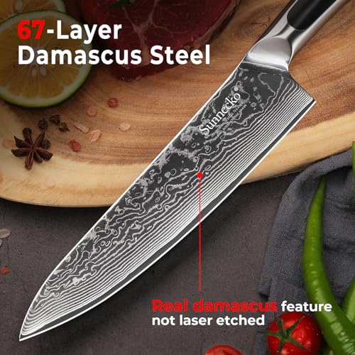 Sunnecko Knife Set with Block, Damascus Chef Knife Set Professional Kitchen Knife Block Set 6-piece Japanese VG10 Stainless Steel Dishwasher Safe