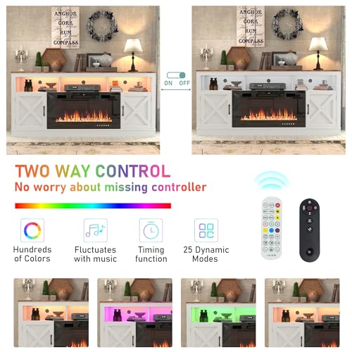 Farmhouse Fireplace TV Stand for 70/75/80 Inch TV, 32”Tall Entertainment Center w/ 36”Electric Fireplace & LED Light, 70”Media Console w/Barn Door Cabinet for Living Room, Grey