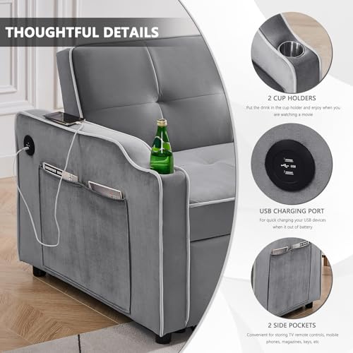 3 in 1 Convertible Sleeper Sofa Bed, Velvet Sofa Couch with Pull Out Bed, Modern Loveseat Sofa with Adjustable Backrest/Side Pockets/USB Charging/Cup Holders for Living Room Bedroom (Gray)