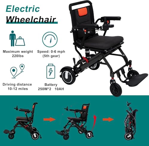 Portable Power Wheelchair for Adults Seniors(Only 38lbs)-All Terrain Lightweight Foldable Electric Wheelchairs,Travel Size,12 mi Cruise Range,Compact Motorized Wheelchair Daily Use,Black