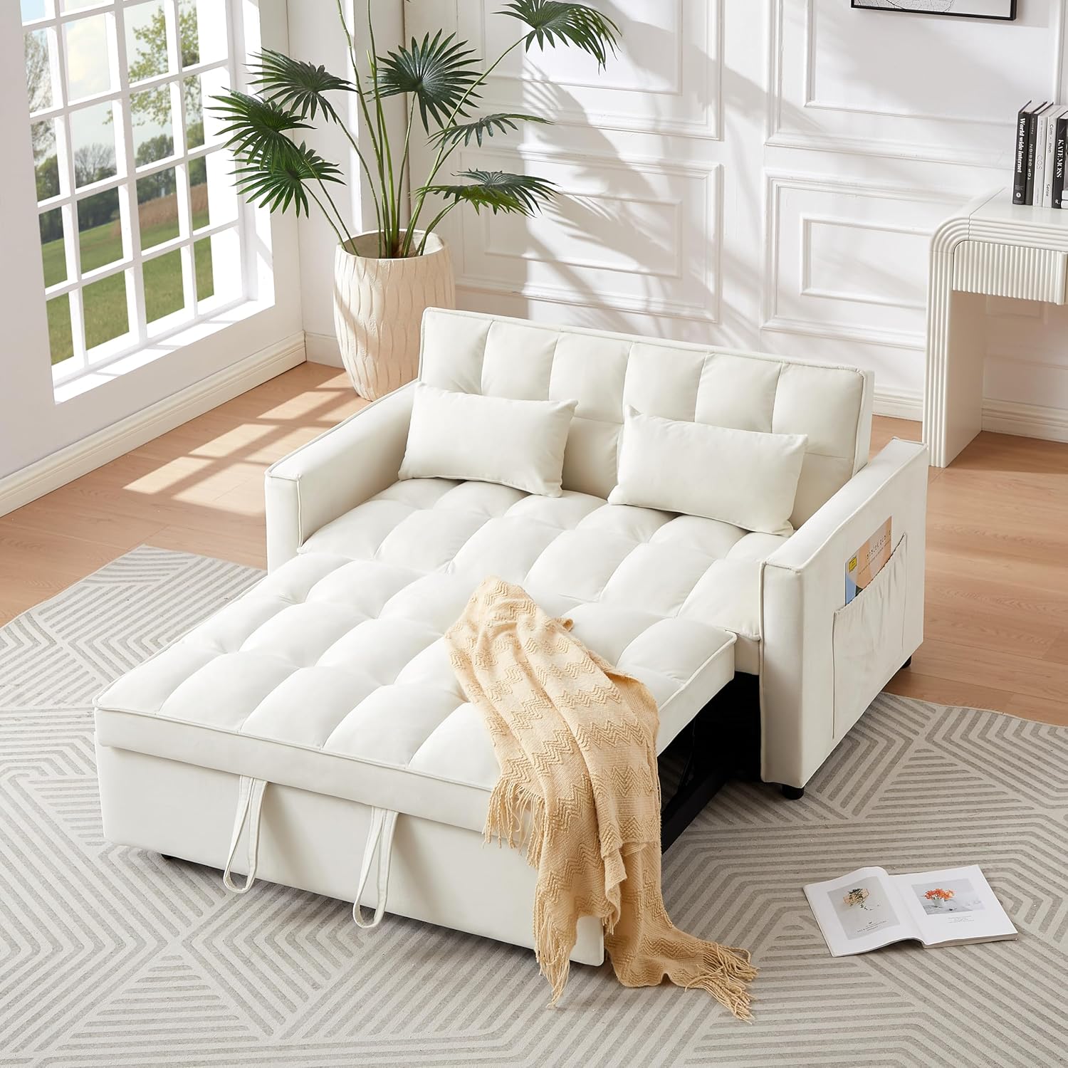 55" Convertible Loveseat Sleeper Sofa Couch Modern Velvet 2 Seater Sofa with Adjustable Backrest & Side Pocket, w/Lumbar Pillows and with Pull-Out Bed for Small Space Living Room Apartment(Ivory)