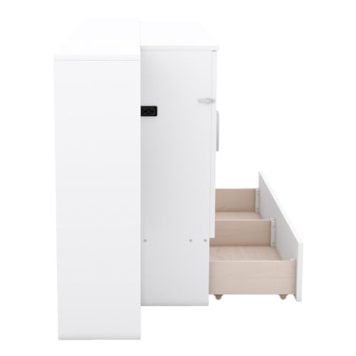 Full Size Murphy Wall Bed With Storage and Bookcase Headboard, Solid Wood Cabinets With Shelves, Drawers and USB Ports, Multi-Function Platform for Home Office, Guest Room - White