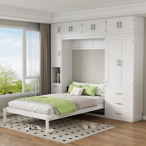 Harper & Bright Designs Full Size Murphy Bed Wall Bed with Lockers and Wardrobes, Wooden Folding Murphy Cube Cabinet Bed for Bedroom, Guest Room or Home Office, Easy Assembly (White, Full)