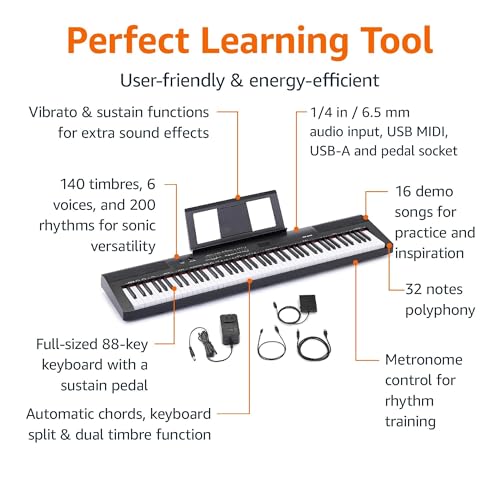 Amazon Basics Electric Keyboard 88-Keys, Semi-Weighted Digital Piano For Performance with Sustain Pedal, Power Supply, 2 Speakers, Lesson Mode, Black