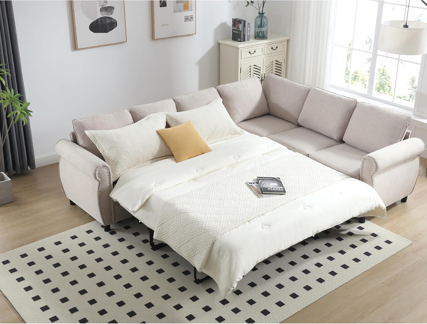 Modular Sectional Sleeper Sofa Couch with Pull Out Bed, 6 Seater Sofa Bed, Convertible L Shaped Sectional Couch for Living Room, Comfy Couch for Apartment, Studio, Office, Home Furniture, Beige