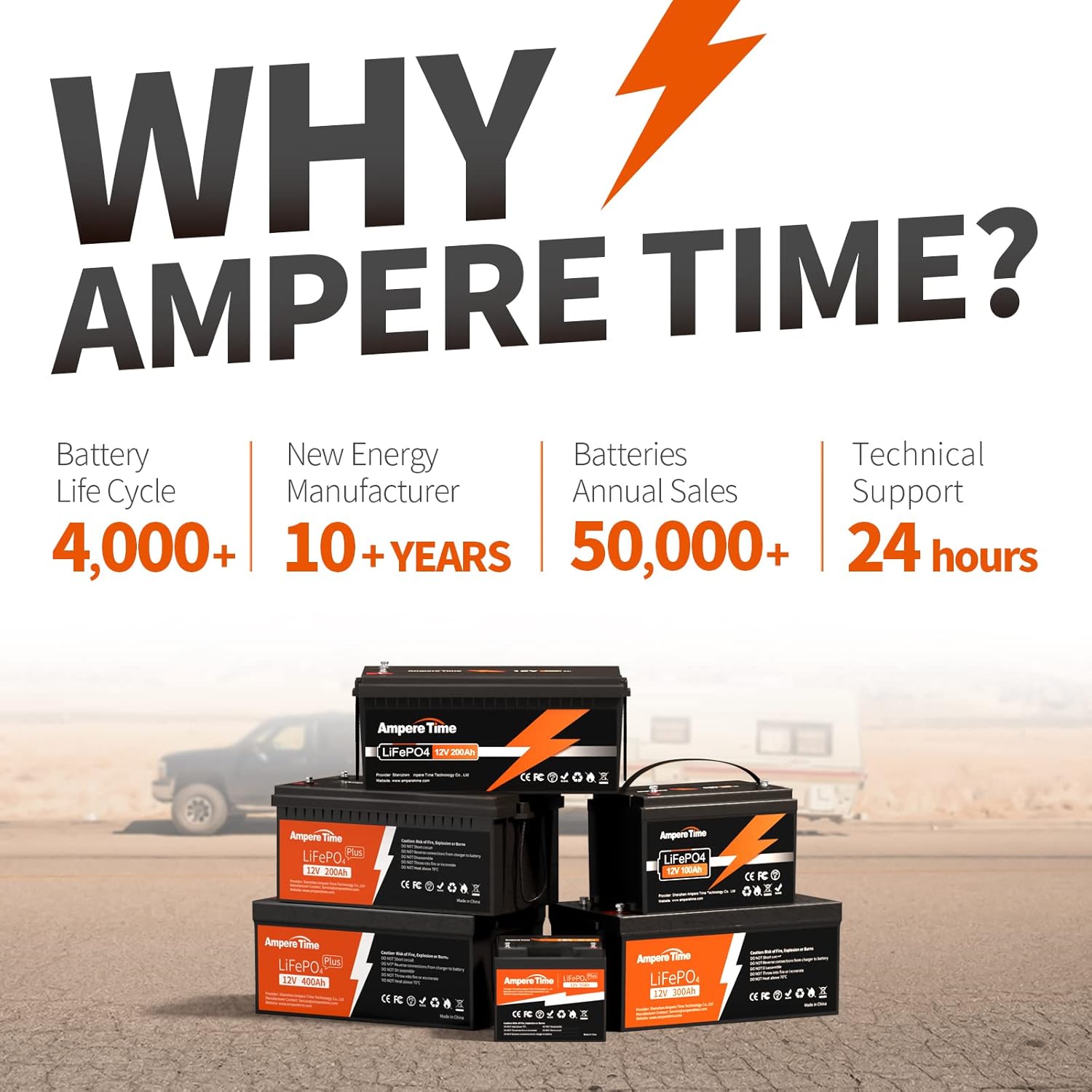Ampere Time 12V 200Ah LiFePO4 Battery with 14.6V 20A Dedicated Lithium Battery Charger; Built-in 200A BMS, 4000+ Cycles, Perfect for RV, Solar, Marine, Overland, Off-Grid Application��