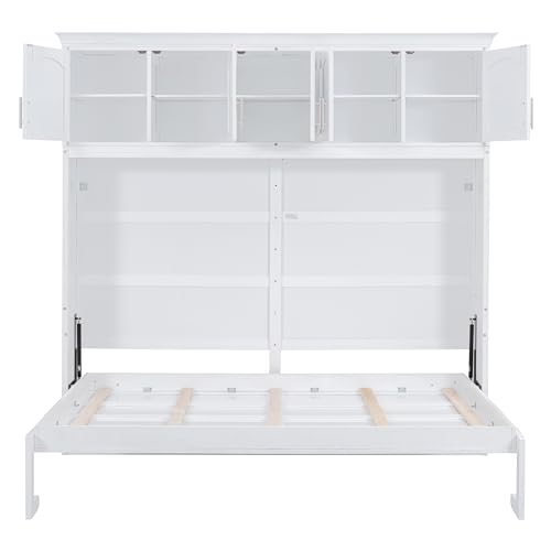 Full Murphy Bed with Cabinets, Full Size Murphy Bed Cabinet Bed, Solid Wood Wall Bed, Hidden Murphy Beds Foldable Platform Bed Frame, Horizontal Murphy Bed for Guest Room or Home Office, Grey
