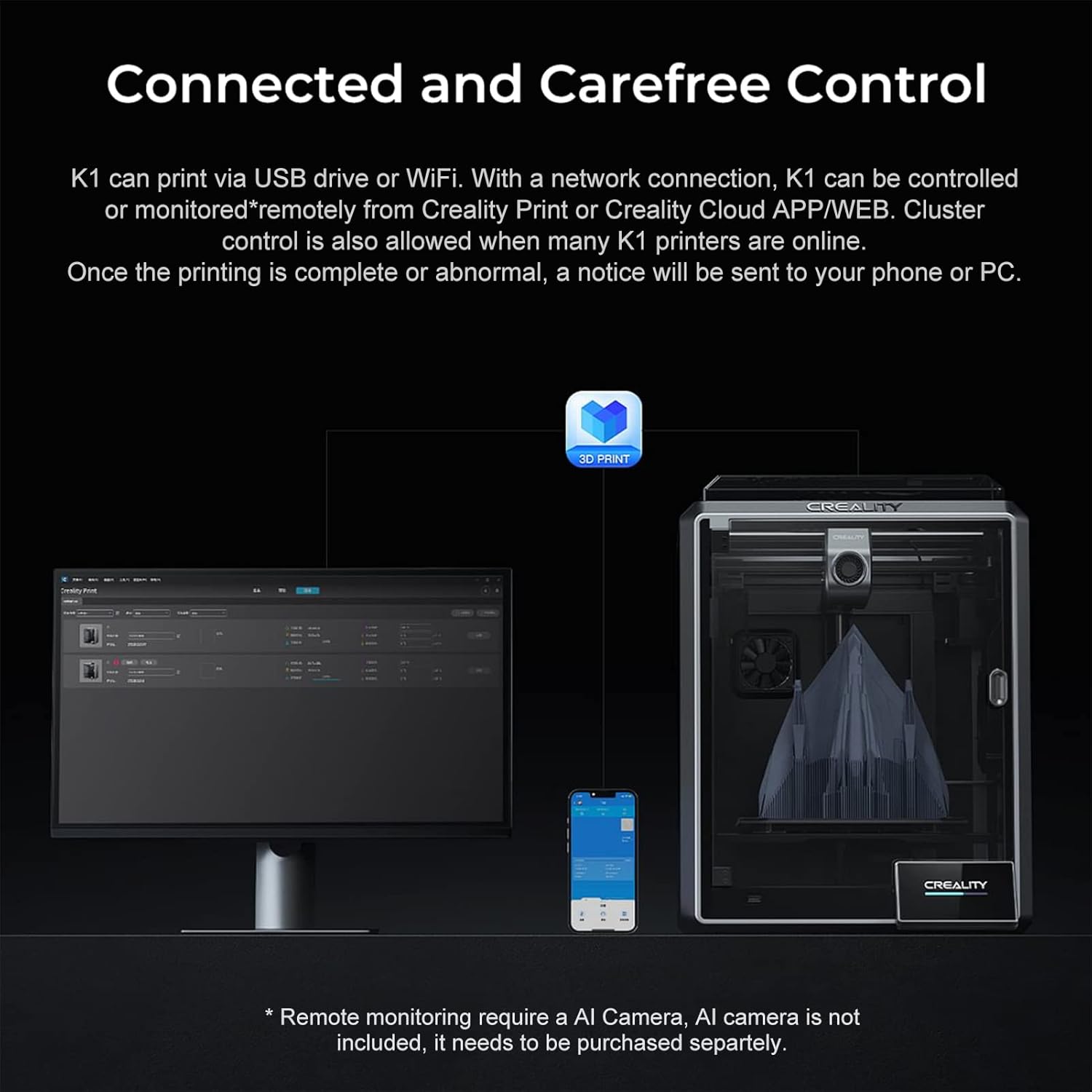 Official Creality K1 3D Printer Speedy Printing Machine,600mm/s High Speed,WiFi Control,Self-test,No Ring&Z-Banding,Auto Leveling,Extensible,Unibody Die-Cast,Out of Box,Smarter,12x faster(with K1 PEI)
