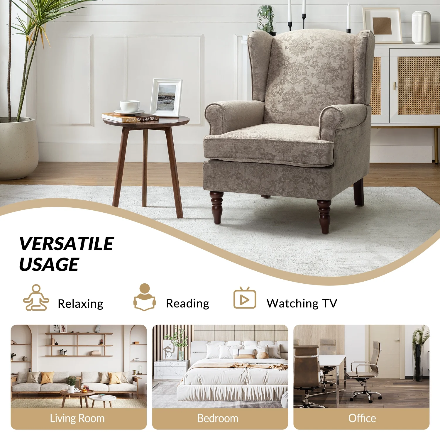 Wooden Upholstered Armchair Set of 2, with Wingback Lounge Sofa Accent Chair Turned Legs for Home Living Room & Bedroom, Brocade