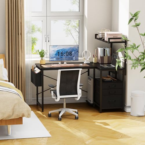 47 inch L Shaped Desk with 3 Fabric Drawers, Reversible Computer Desk with Top Shelf & Storage Shelf & CPU Stand for Home Office,Corner Gaming Desk Work Study Table for Gaming Writing,Black