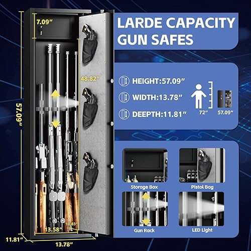 4-5 Large Gun Safe,Quick Access Long Gun Safes for Home Rifle and Pistols,Gun Cabinets with Removable Shelf, Anti-Theft Rifle Safe with Dual Alarms & Silent Mode