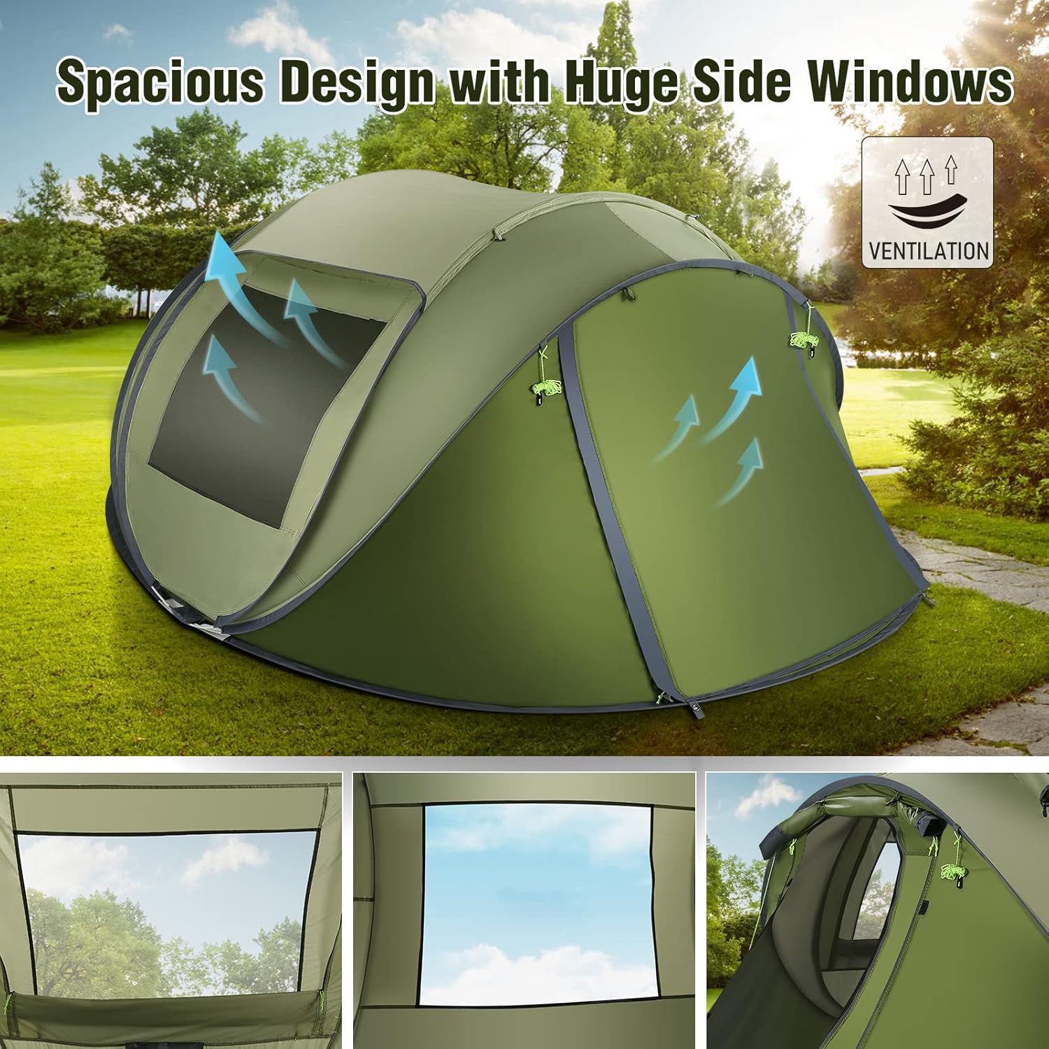 Pop Up Tent 4 Person, Camping Tent with 2000mm Waterproof & Carry Bag, Windproof, Automatic Set up, Lightweight for Camping, Backpacking & Hiking