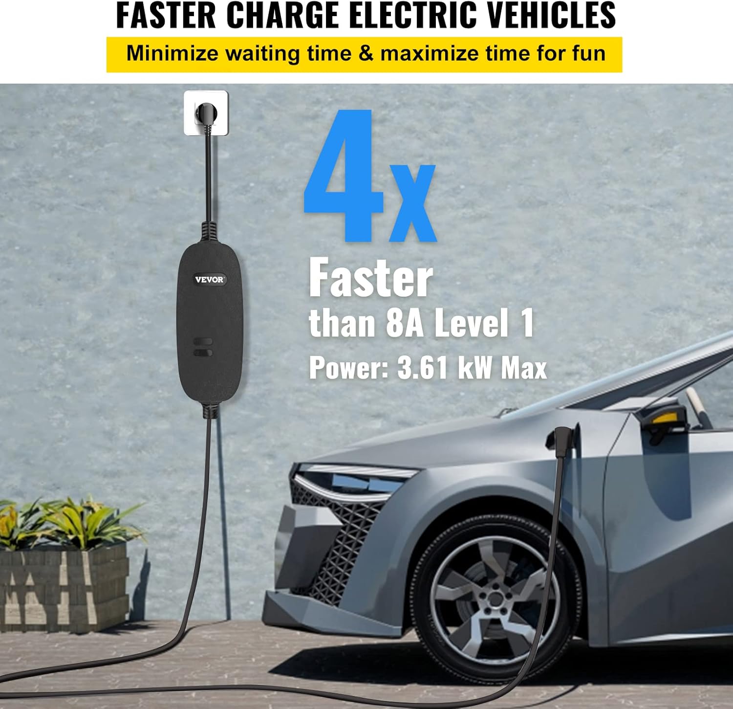 VEVOR Level 1+2 EV Charger, 15 Amp 110-240V, Portable Electric Vehicle Charger with 25 ft Charging Cable NEMA 6-20 Plug NEMA 5-15 Adapter, Plug-in Home EV Charging Station for SAE J1772 Electric Cars