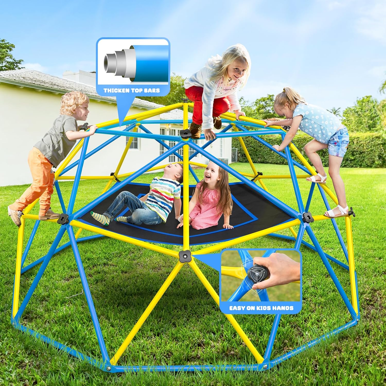 Hapfan 10ft Climbing Dome with Canopy, Jungle Gym for Kids Backyard with Heavy Duty Monkey Bars Made of Anti-Rust Steel