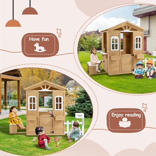 Outdoor Playhouse, Wooden Playhouse for Kids, Backyard Playhouse with Window, Mailbox, Picnic Bench, Fenced, Flowerpot Holders, Gift for Age 2+, 39" x 38" x 55.5"