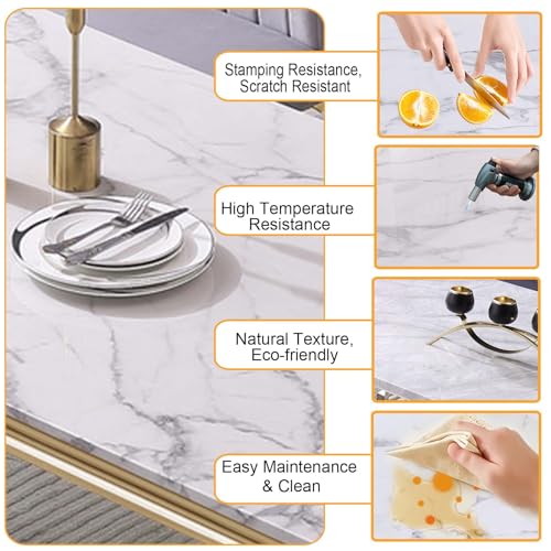 White Marble Dining Table Set for 6, Modern Kitchen Dining Room Table Set for 6,Rectangle Faux Marble Dining Table and 6 Grey Velvet Tufted Upholstered Chairs,7 Piece Luxury Silver Dining Table Set