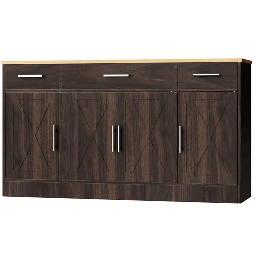 Shintenchi Buffet Cabinet with Storage,53.4" Large Kitchen Storage Cabinet with 3 Drawers and 4 Doors,Wood Farmhouse Buffet Cabinet with Adjustable Shelf for Kitchen Living Room,Brown