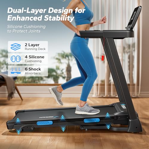 MERACH Foldable Treadmill with Incline, 7.5MPH Quiet Treadmills for Home with Double Deck Technology, 4 Silicone Shock Cushion, Heart Rate Monitoring,16.5" Wider Belt, APP