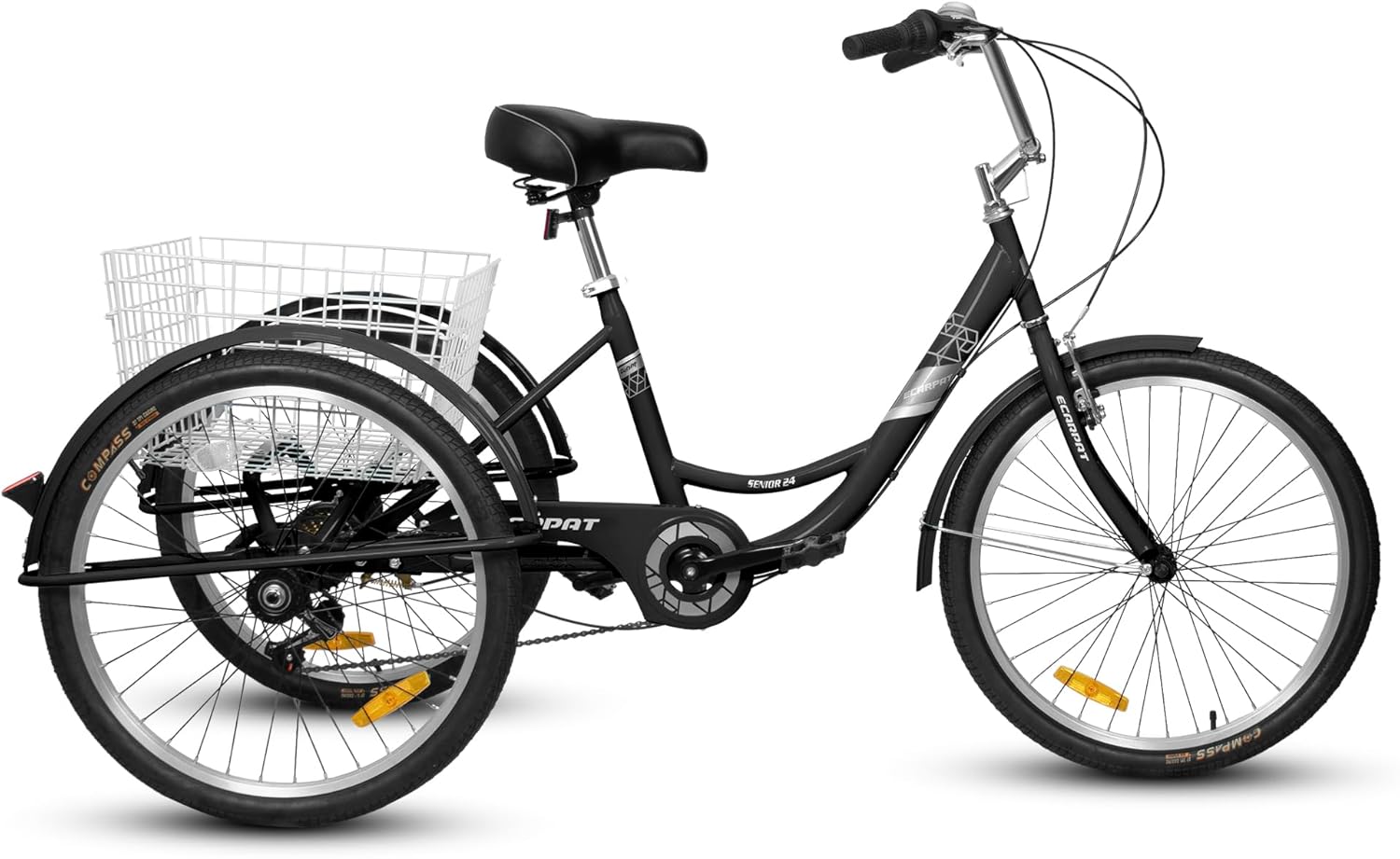 Adult Tricycles 7 Speed,Three-Wheeled Bicycles,Cargo Tricycle with Large Shopping Basket,Adult Cruise Trike 24 inch 3 Wheel Bikes for Seniors,Women,Men,Black