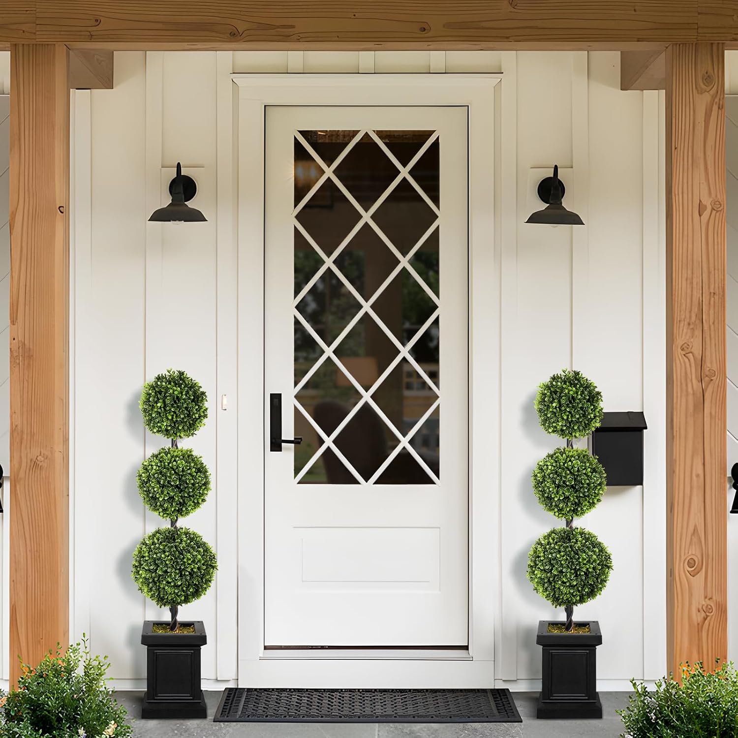 Artificial Topiary Outdoor Set of 2, 3.5ft Boxwood Outdoor Porch Trees, All-Year Green Fake Plant Topiary Trees Artificial Outdoor with Sturdy Pot for Porch Outdoor Indoor (Ball)