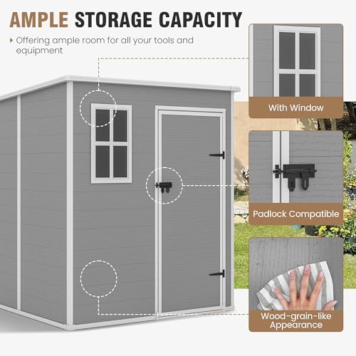 Outdoor Storage Shed, 6x6 FT Resin Shed with Floor and Lockable Door, Window, Vents, Tool Sheds and Outdoor Storage for Bike, Garden Accessories, Tools, Waterproof (Grey & White)