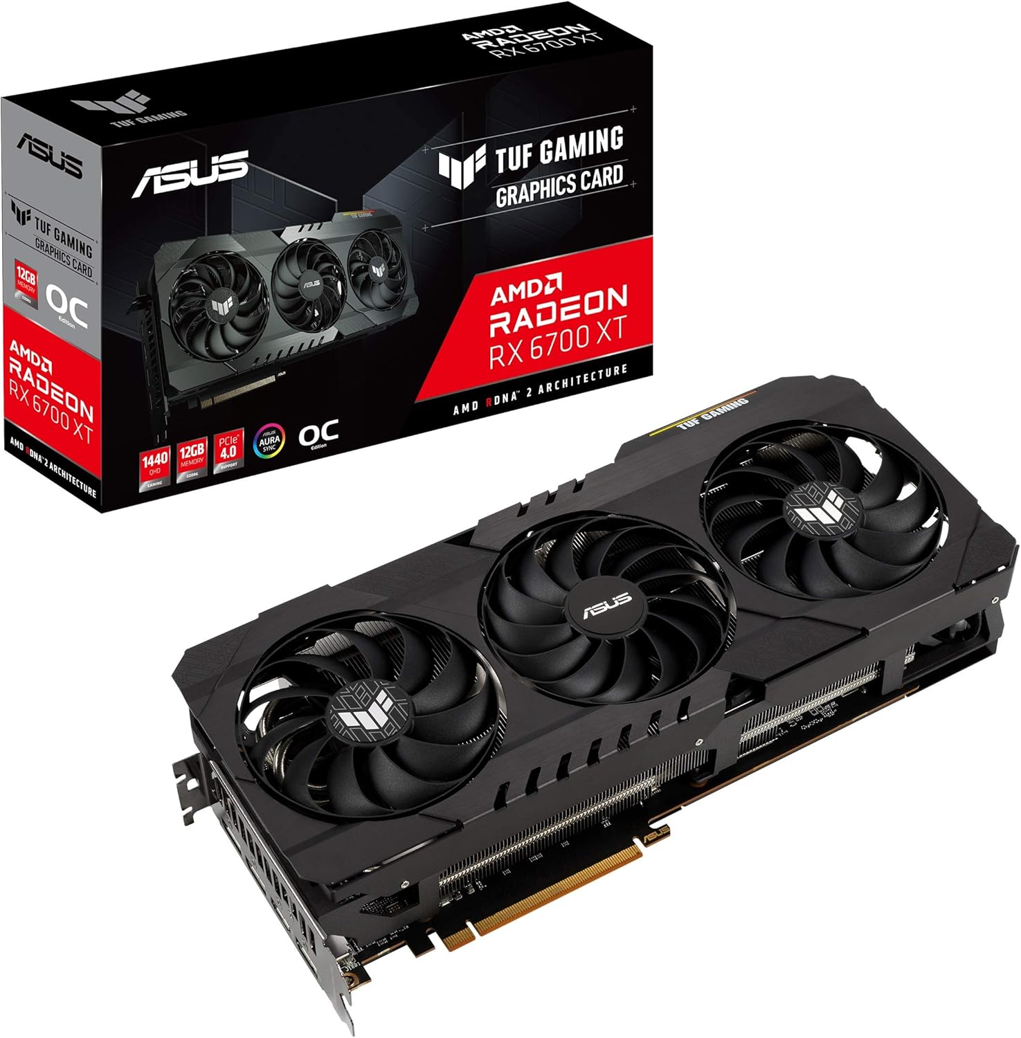 ASUS TUF Gaming AMD Radeon RX 6700 XT OC Edition Graphics Card AMD RDNA 2, PCIe 4.0, 12GB GDDR6, HDMI 2.1, DisplayPort 1.4a, Dual ball fan bearings, all-aluminum shroud, reinforced frame, GPU Tweak II