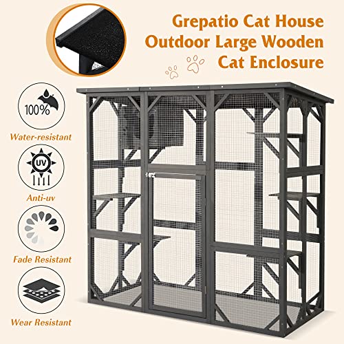 Grepatio Cat Enclosure Large Outdoor Catio Wooden Cat House with Weatherproof, Cat Cage Condo Indoor Playpen with Platform and Small House (Grey)