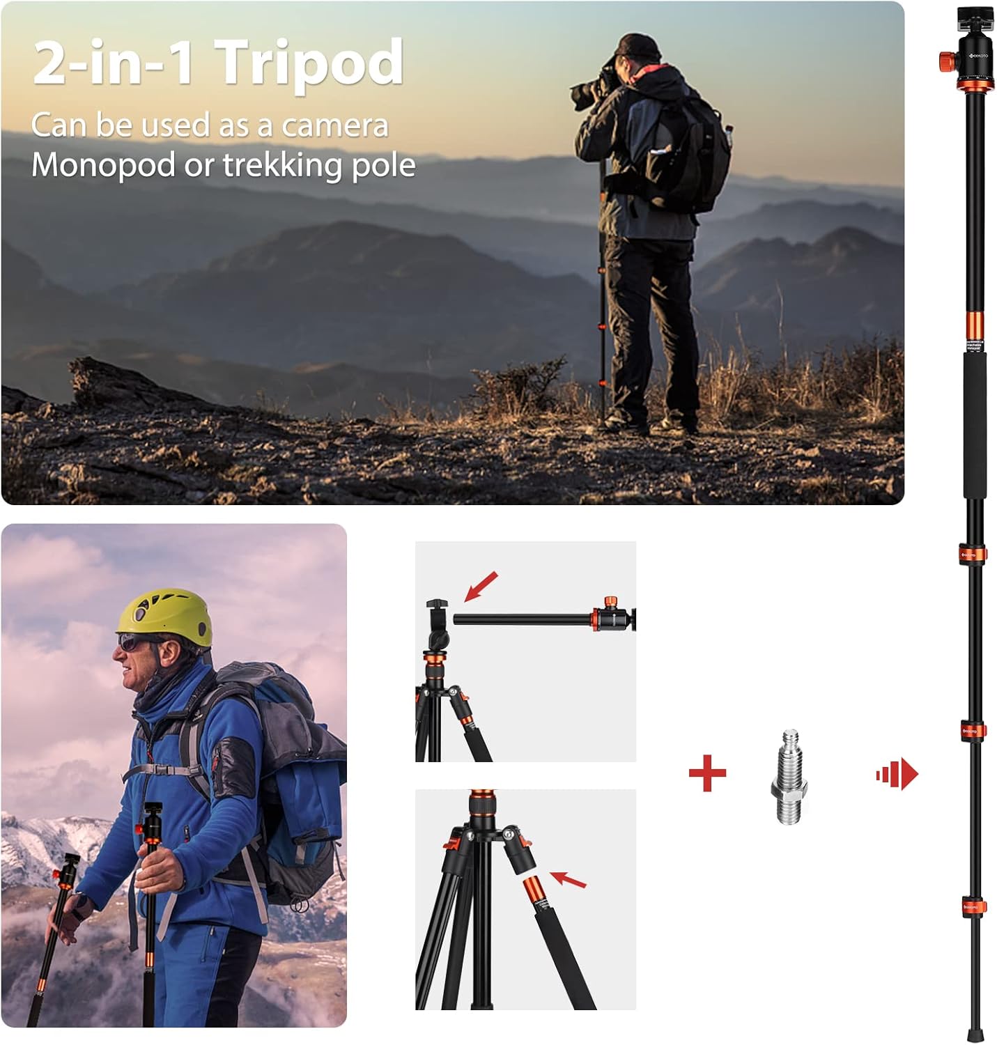 GEEKOTO Tripod, 76 Inch Camera Tripod with Rotatable Horizontal Center Column, Aluminium Professional Tripod for DSLR with 360 Degree Ball Head, Quick Release Plate