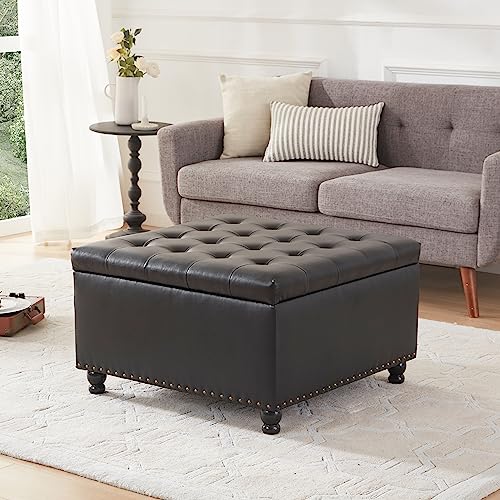 Kingfun Square Ottoman Coffee Table, Large Leather Ottoman with Storage Tufted Upholstered Bench, Oversized Footrest for Living Room, Brown