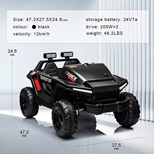 24V Electric Kid Car, 2-Seater Leather Seat Ride on Truck for Children, Kids Ride on Electric car, Ride on Car for Kids with High and Low Speed Bluetooth Music USB, 4-wheel Shock Absorb(Black)