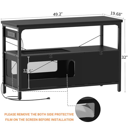 55-75 Gallon Fish Tank Stand with LED Light, Aquarium Stand with Outlet and Storage, 49.2" Reptile Terrarium Tank with Lockable Door, Observable Screen and Top Ventilation Mesh, Gray Oak