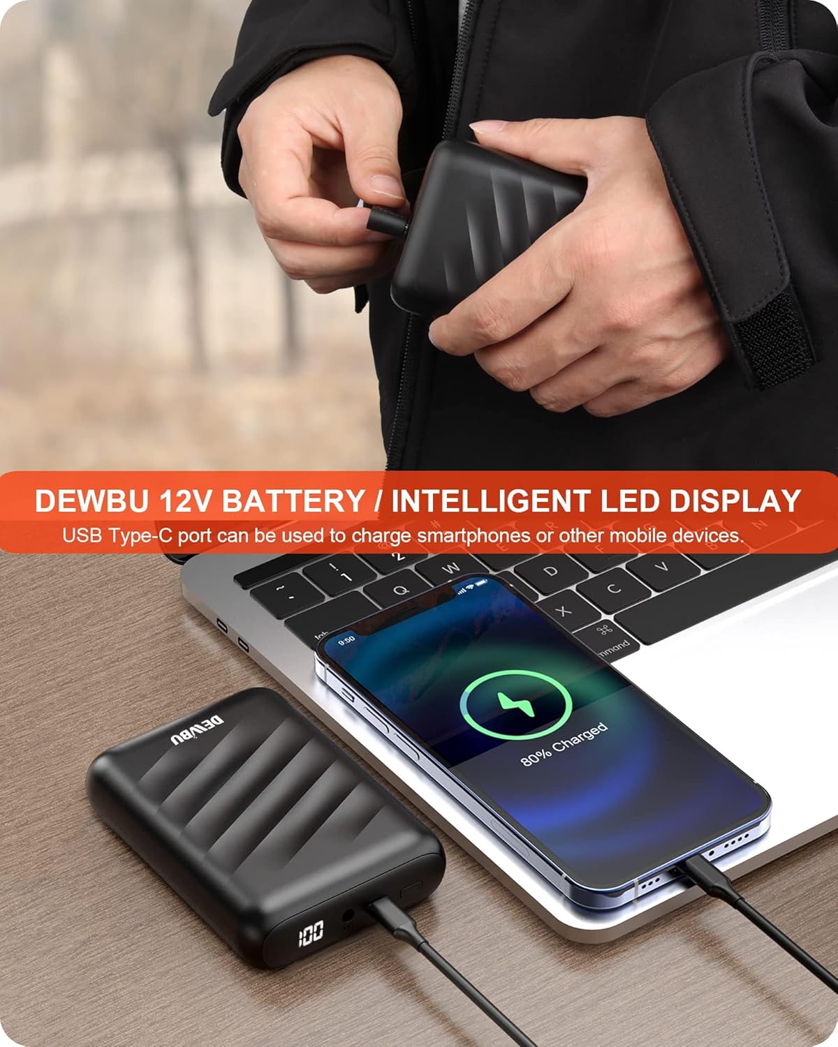 DEWBU Heated Jacket for Men with 12V Battery Pack Winter Outdoor Soft Shell Electric Heating Coat, Men's Grey, L