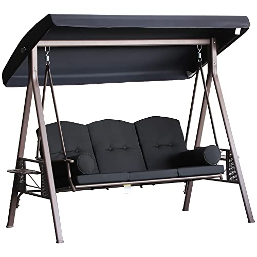 Outsunny 3-Seat Patio Swing Chair, Outdoor Porch Swing Glider with Adjustable Canopy, Removable Cushion, Pillows and Side Trays, for Garden, Poolside, Backyard, Brown