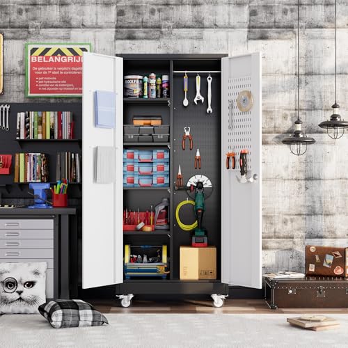 73" H Metal Storage Cabinet with Wheels, Garage Storage Cabinet with 4 Adjustable Shelves and Lockable Doors for Garage Home Office Utility Room,Required Assembly,Black