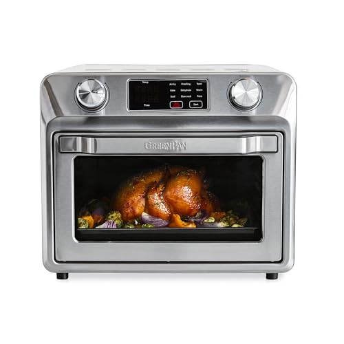 GreenPan Bistro Matte Black 9-in-1 Air Fry Oven, Nonstick Baking Pan, Stainless Steel Rack, and Basket, Fast Heating, Multifunction Presets, Cool-Touch Handle, PFAS-Free, Easy Cleanup Crumb Tray
