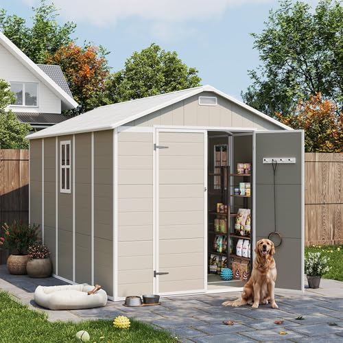 UDPATIO Outdoor Storage Shed 6 x 6 FT, Resin Garden Sheds with Floor Plastic Patio Outdoor Storage Shed with Lockable Door for Tool, Bike, Garbage Gray White