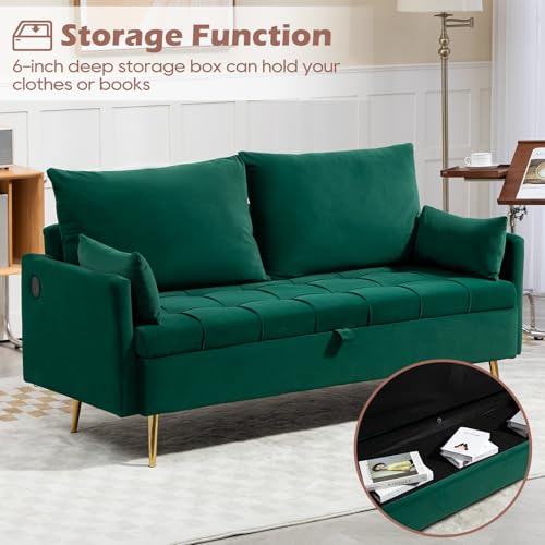 60'' Loveseat Sofa Couch with Storage, Modern Loveseat Couch with 4 Pillows & Metal Legs, 2 Seater Sofa with USB & Type C for Living Room,Bedroom, Apartment(Grey-Blue)