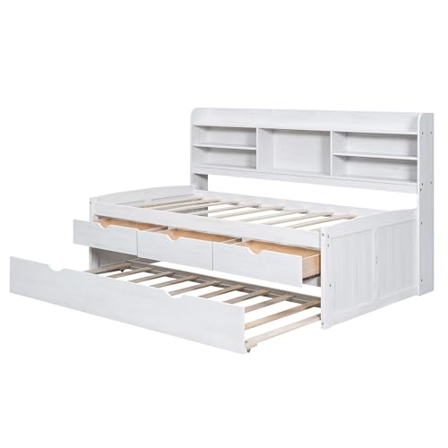 Harper & Bright Designs Twin Size Captain Bed with Built-in Bookshelves/3 Storage Drawers/Trundle, Wooden Twin Daybed Bed Frame for Kids Teens Dorm Bedroom Multipurpose Guest Room, White Wash