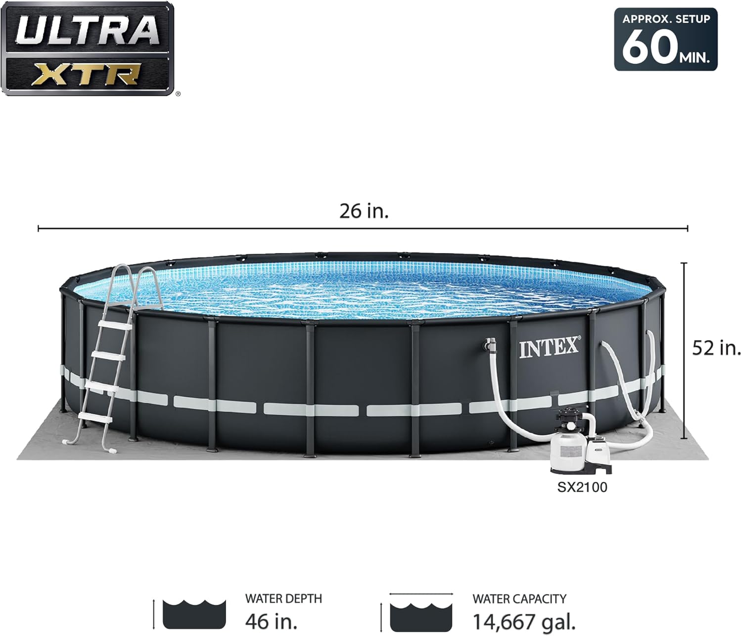 Intex Ultra XTR Deluxe Above Ground Swimming Pool Set, Includes Cartridge Sand Filter Pump, SuperTough Puncture Resistant, Rust Resistant, 26' x 52"